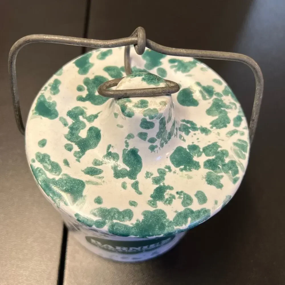 Vintage Barnie's Tea Company Stoneware Green Speckled Wire Bail Latch Cr…